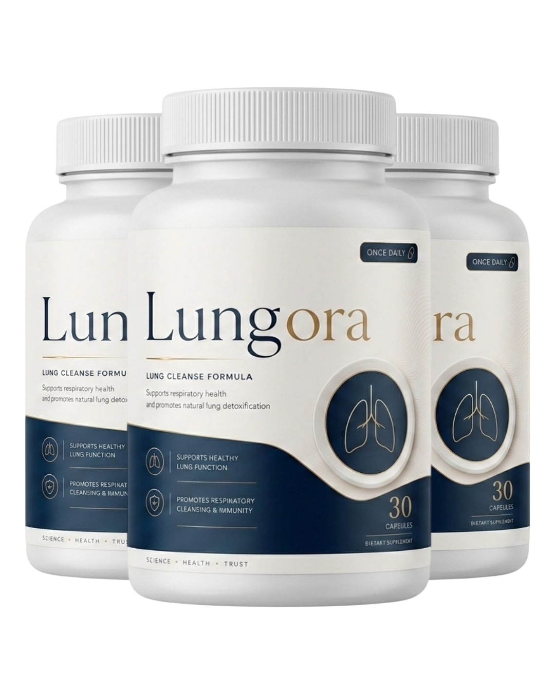Three bottles of Lungora Lung Cleanse Formula dietary supplement, 30 capsules each