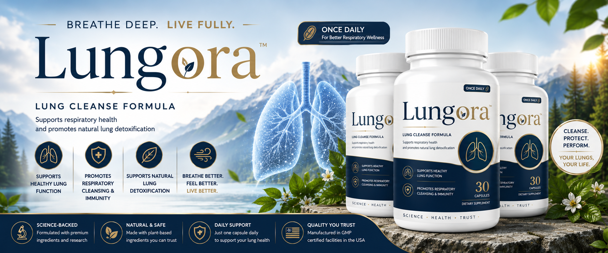 Lungora Lung Cleanse Formula product banner showing bottles, lungs illustration and key benefits